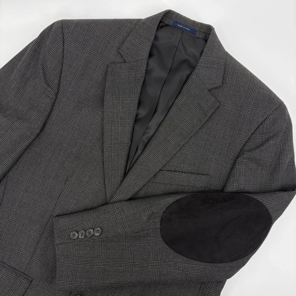Club Room Mens Sport Coat Grey Glen Plaid Blazer Jacket 40R Elbow Patches